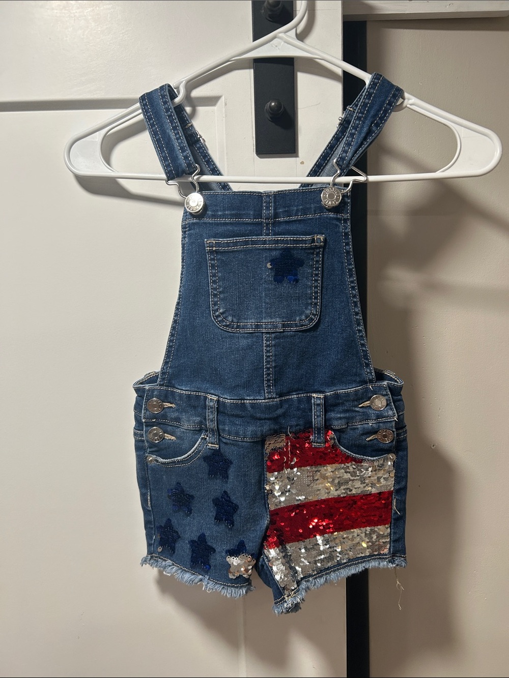 Justice Dark Denim Short Overalls with Red, Silver and Blue Sequin Flag